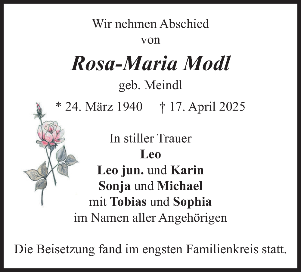  Traueranzeige für Rosa-Maria Modl vom 17.05.2025 aus merkurtz
