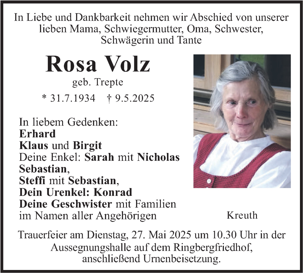  Traueranzeige für Rosa Volz vom 24.05.2025 aus merkurtz