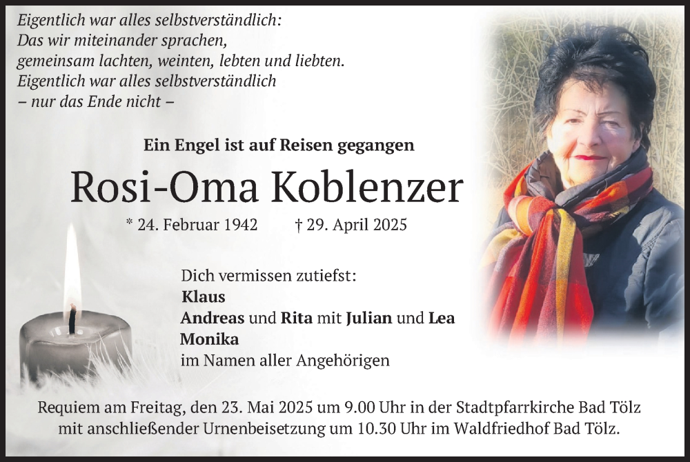  Traueranzeige für Rosi-Oma Koblenzer vom 17.05.2025 aus merkurtz