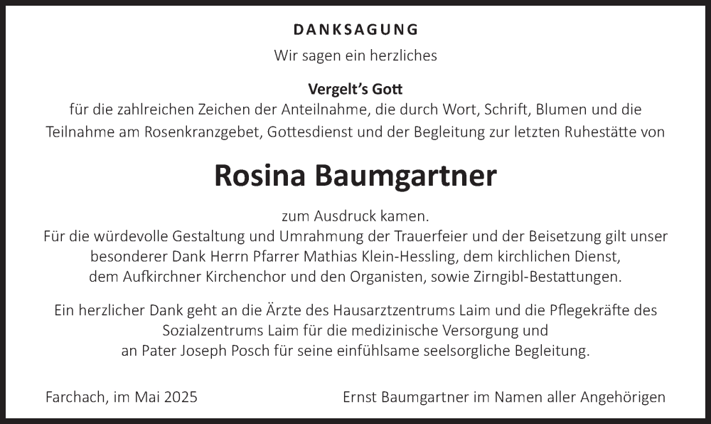  Traueranzeige für Rosina Baumgartner vom 10.05.2025 aus merkurtz