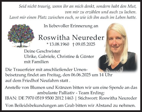 Traueranzeige von Roswitha Neureder von merkurtz