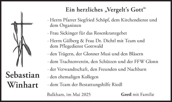 Traueranzeige von Sebastian Winhart von merkurtz