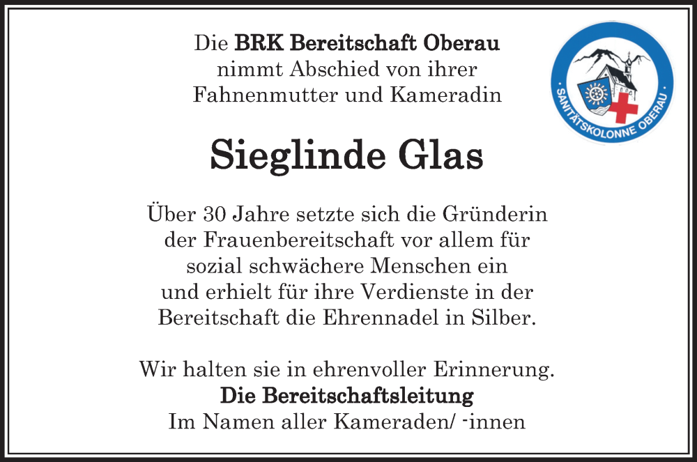  Traueranzeige für Sieglinde Glas vom 22.05.2025 aus merkurtz