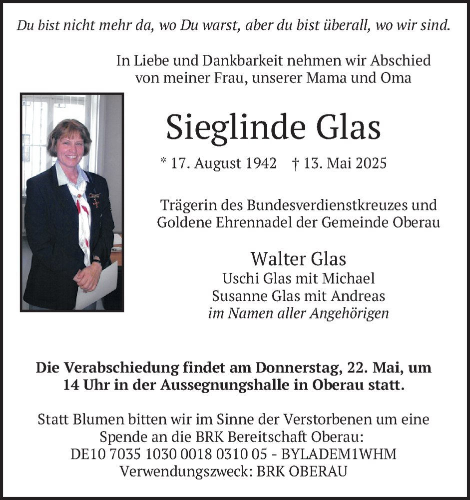  Traueranzeige für Sieglinde Glas vom 17.05.2025 aus merkurtz