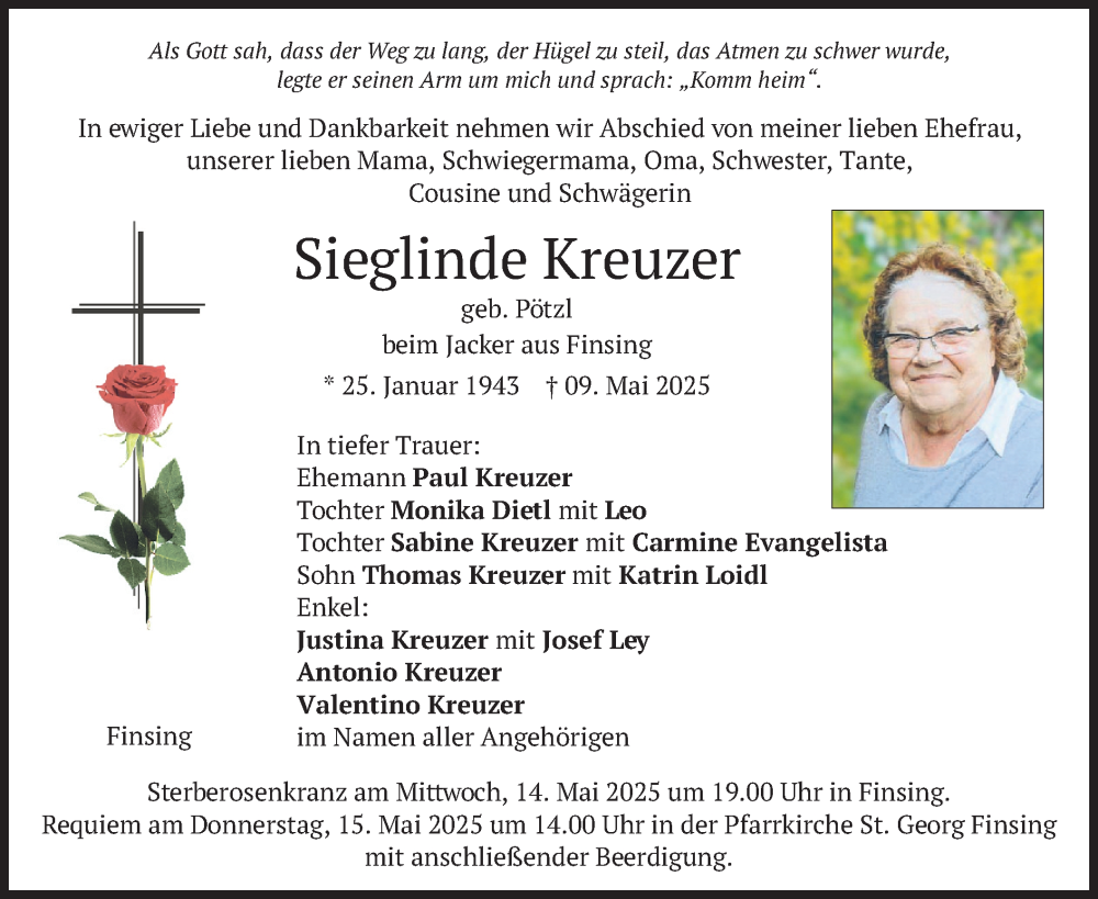  Traueranzeige für Sieglinde Kreuzer vom 13.05.2025 aus merkurtz