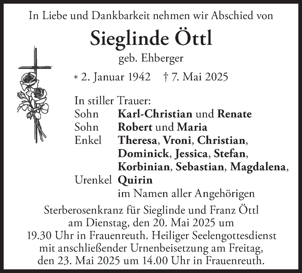  Traueranzeige für Sieglinde Öttl vom 17.05.2025 aus merkurtz
