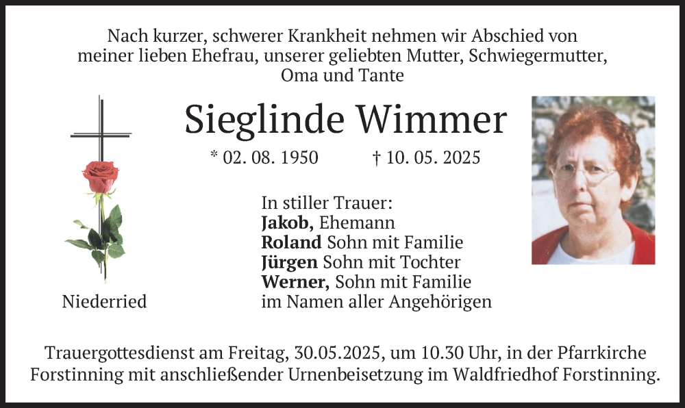  Traueranzeige für Sieglinde Wimmer vom 24.05.2025 aus merkurtz