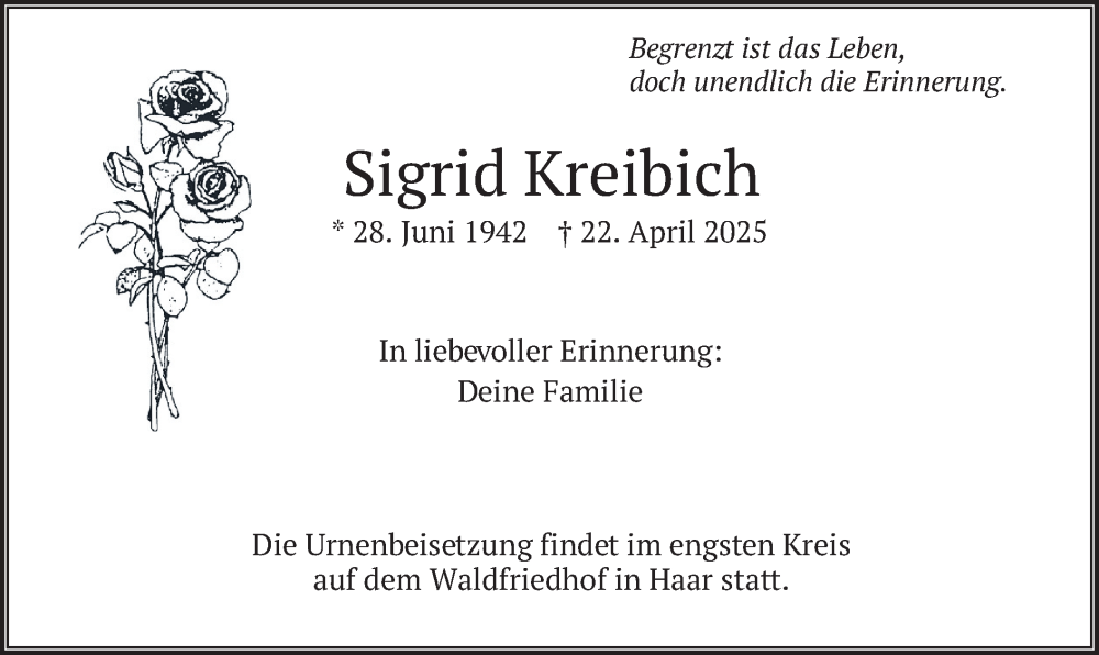  Traueranzeige für Sigrid Kreibich vom 17.05.2025 aus merkurtz