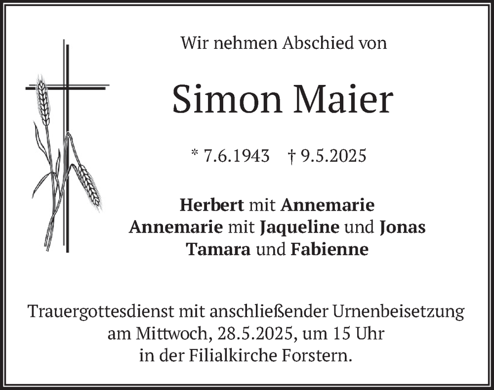  Traueranzeige für Simon Maier vom 24.05.2025 aus merkurtz