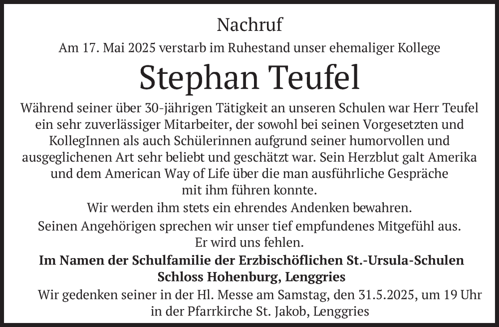  Traueranzeige für Stephan Teufel vom 24.05.2025 aus merkurtz
