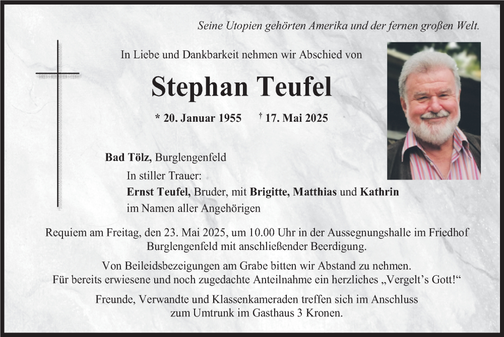  Traueranzeige für Stephan Teufel vom 21.05.2025 aus merkurtz