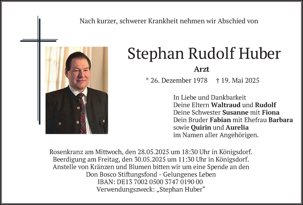  Traueranzeige für Stephan Rudolf Huber vom 24.05.2025 aus merkurtz