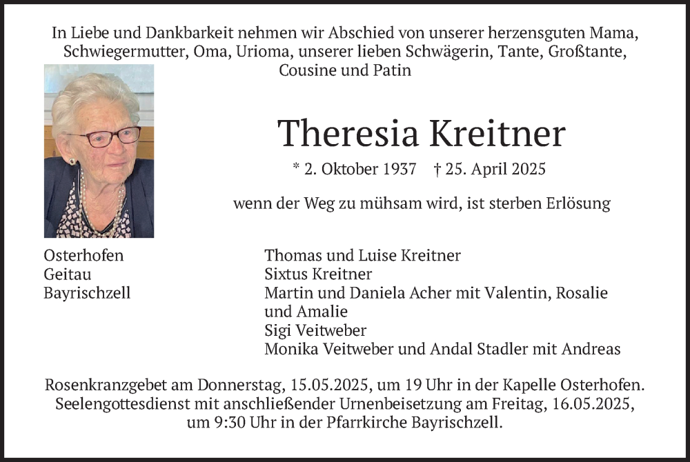 Traueranzeige für Theresia Kreitner vom 10.05.2025 aus merkurtz