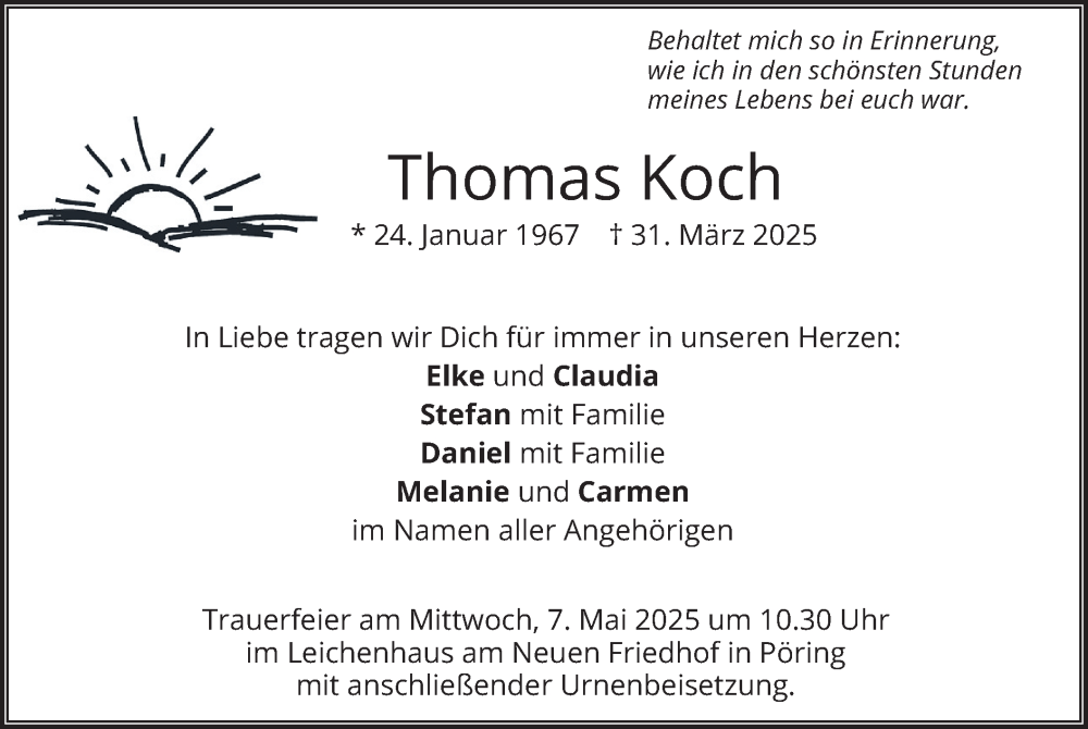  Traueranzeige für Thomas Koch vom 02.05.2025 aus merkurtz