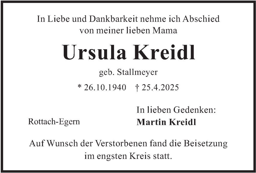  Traueranzeige für Ursula Kreidl vom 10.05.2025 aus merkurtz