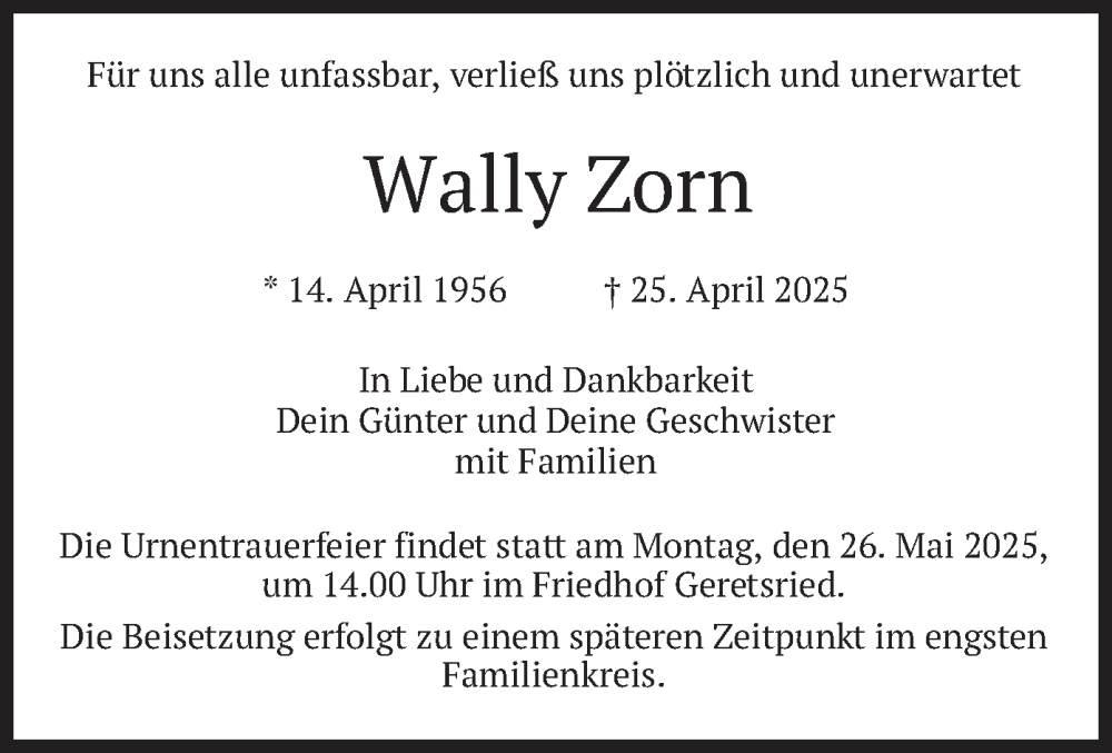  Traueranzeige für Wally Zorn vom 17.05.2025 aus merkurtz