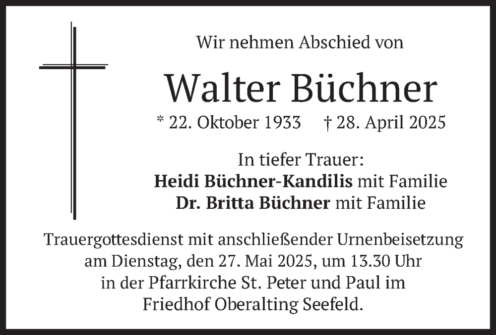  Traueranzeige für Walter Büchner vom 17.05.2025 aus merkurtz