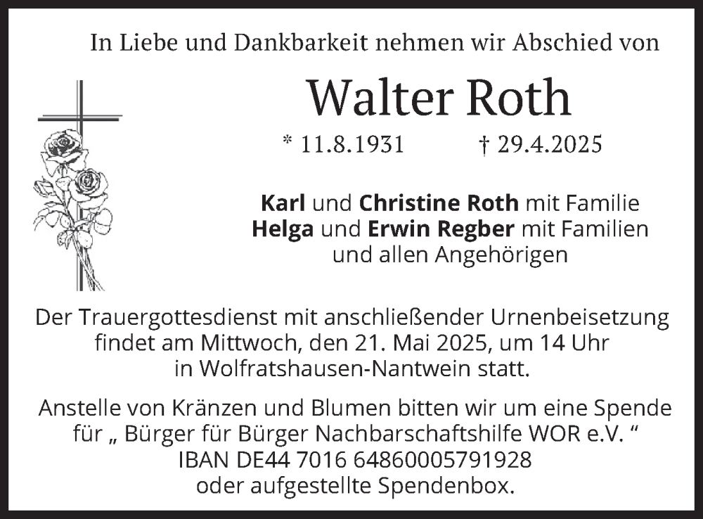  Traueranzeige für Walter Roth vom 14.05.2025 aus merkurtz