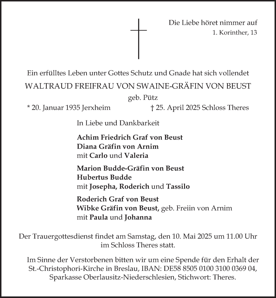  Traueranzeige für Waltraud Freifrau von Swaine-Gräfin von Beust vom 07.05.2025 aus merkurtz