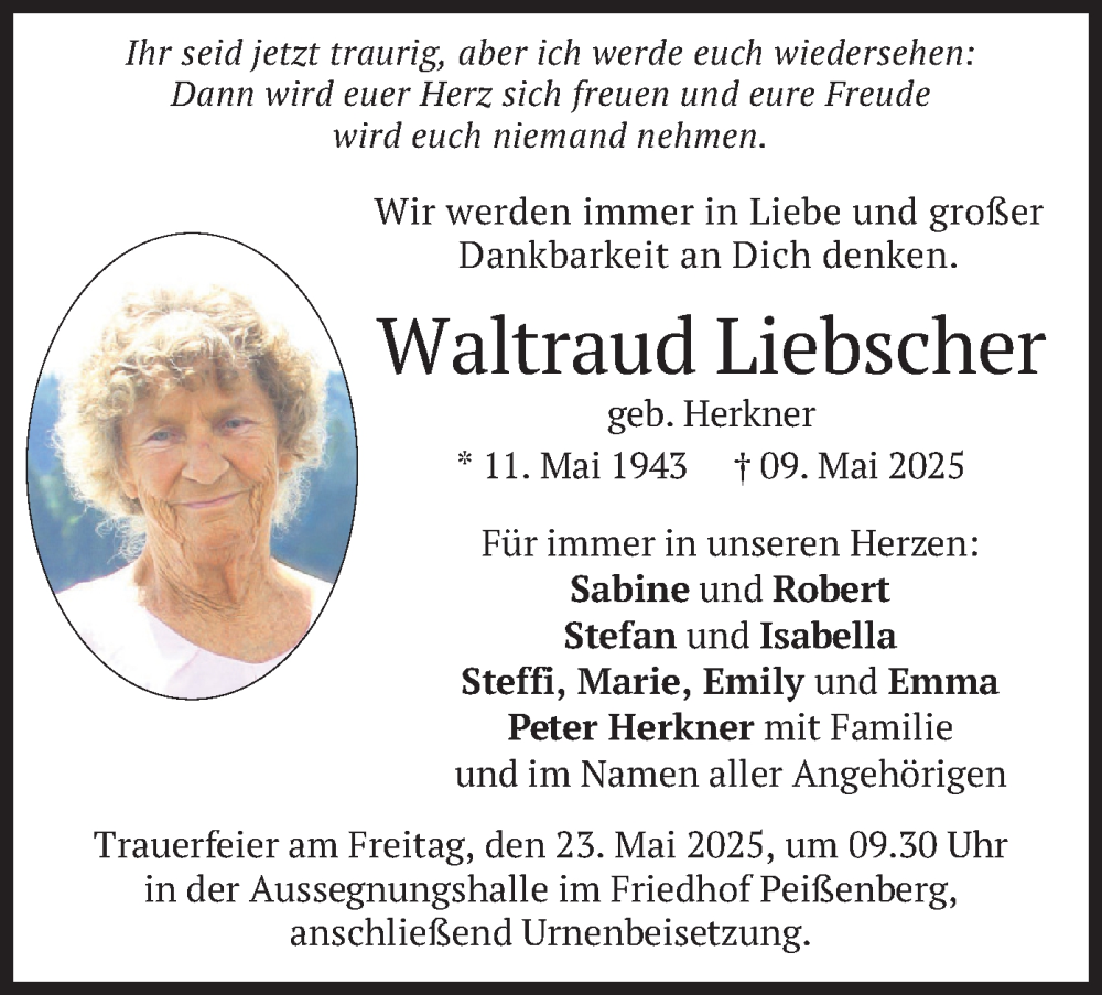  Traueranzeige für Waltraud Liebscher vom 17.05.2025 aus merkurtz