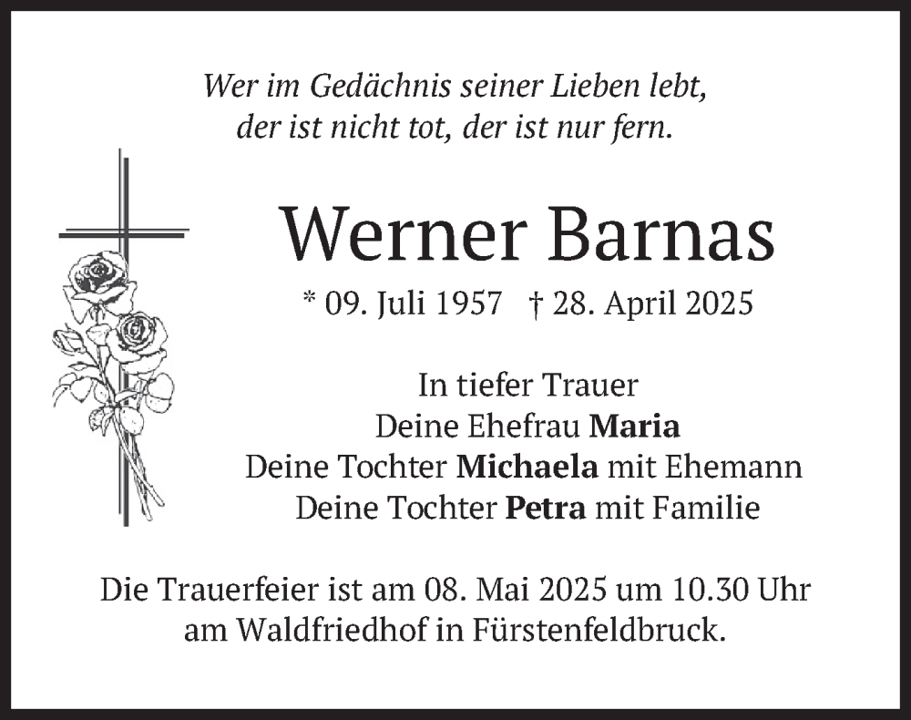  Traueranzeige für Werner Barnas vom 03.05.2025 aus merkurtz