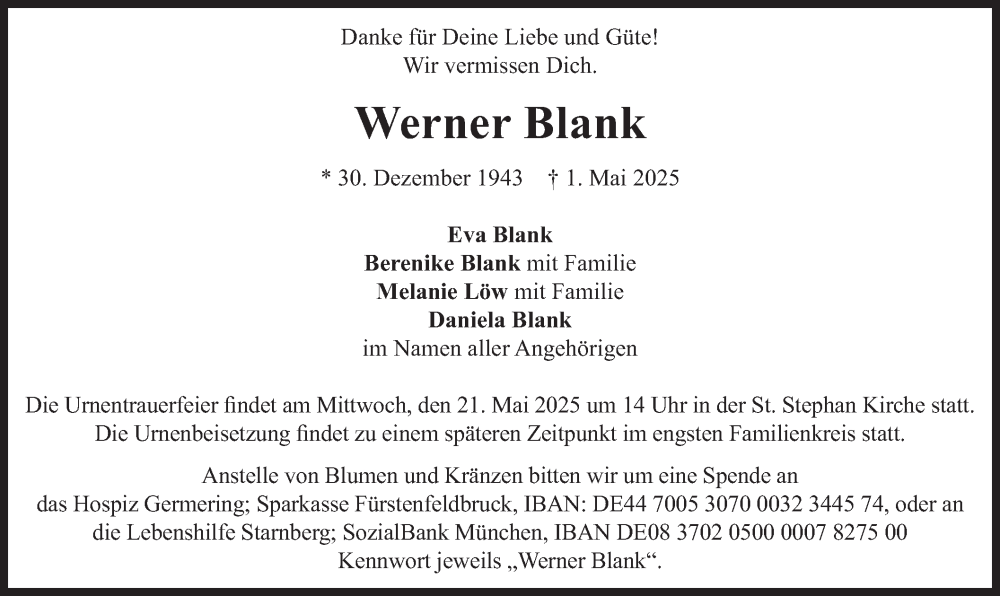  Traueranzeige für Werner Blank vom 10.05.2025 aus merkurtz