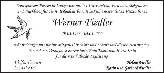 Traueranzeige von Werner Fiedler von merkurtz