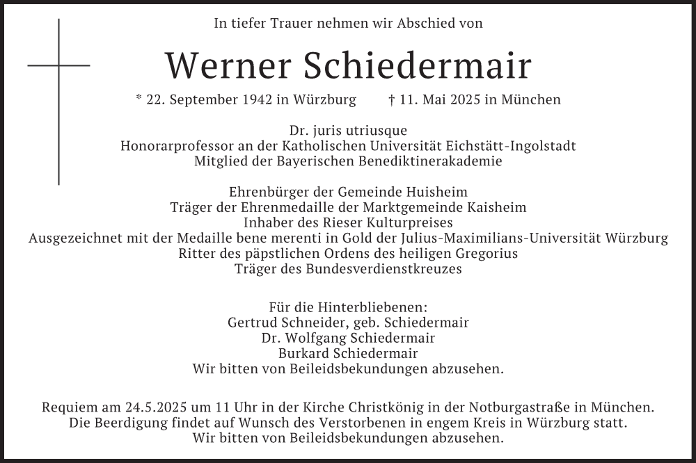  Traueranzeige für Werner Schiedermair vom 17.05.2025 aus merkurtz