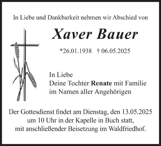 Traueranzeige von Xaver Bauer von merkurtz
