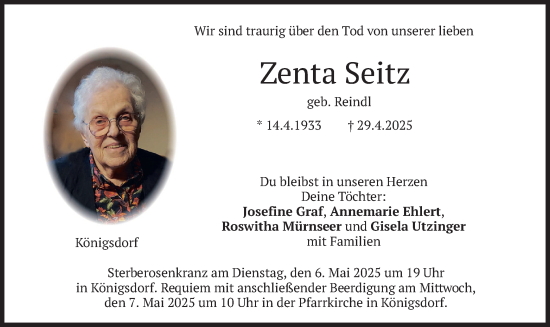 Traueranzeige von Zenta Seitz von merkurtz