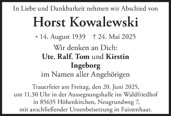 Traueranzeige von Horst Kowalewski 