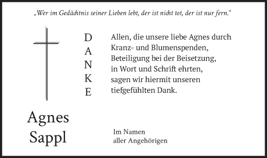 Traueranzeige von Agnes Sappl von merkurtz