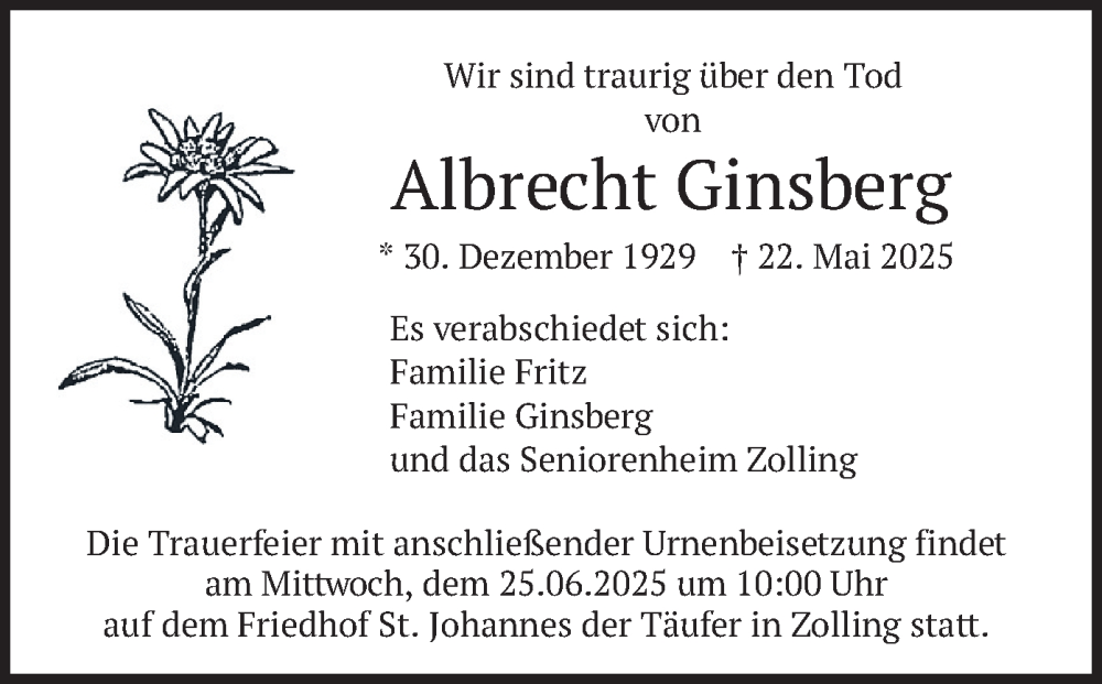  Traueranzeige für Albrecht Ginsberg vom 21.06.2025 aus merkurtz