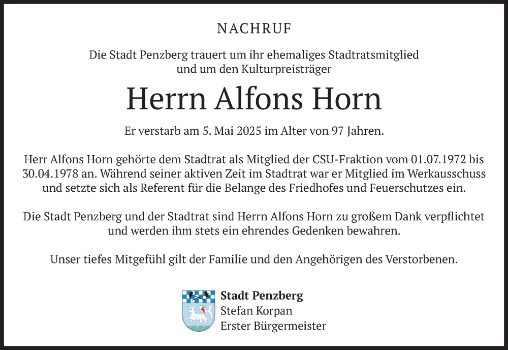  Traueranzeige für Alfons Horn vom 17.05.2025 aus Das Gelbe Blatt Penzberg