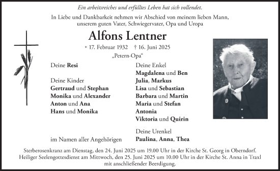 Traueranzeige von Alfons Lentner von merkurtz