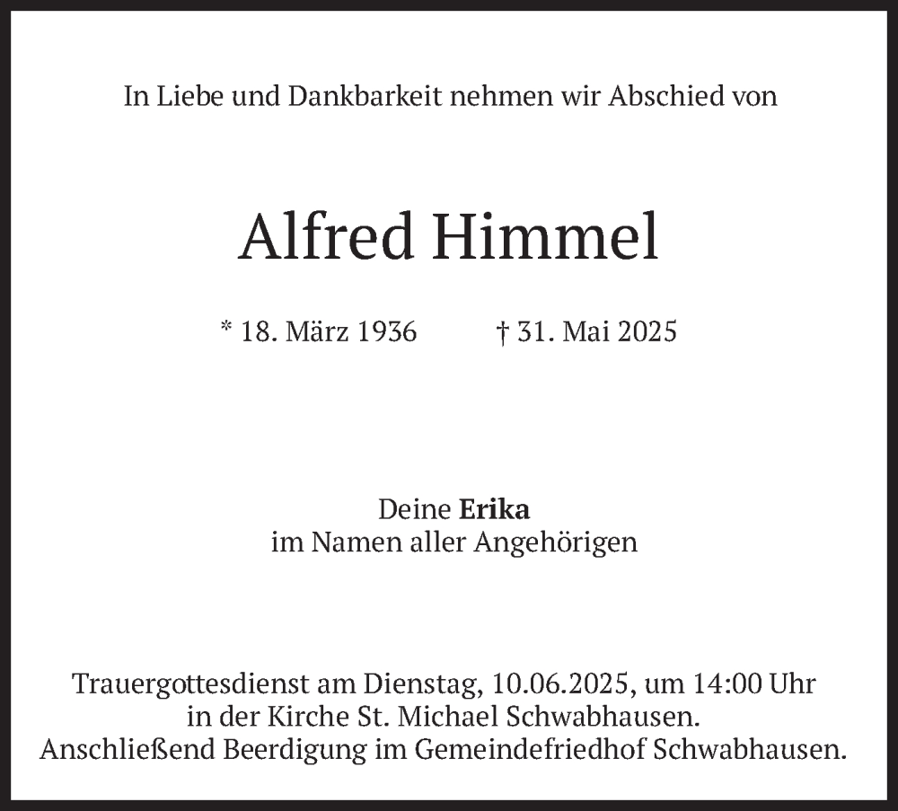  Traueranzeige für Alfred Himmel vom 05.06.2025 aus merkurtz