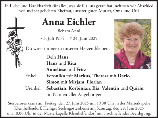 Traueranzeige von Anna Eichler von merkurtz