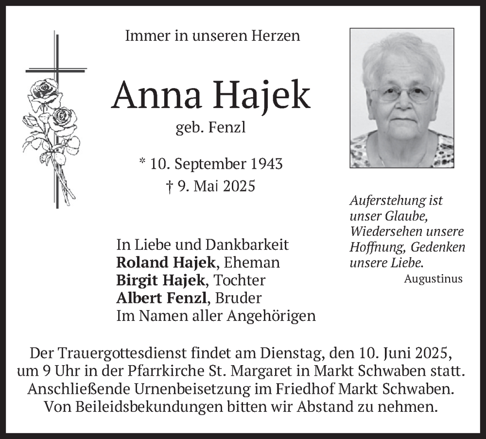  Traueranzeige für Anna Hajek vom 05.06.2025 aus merkurtz