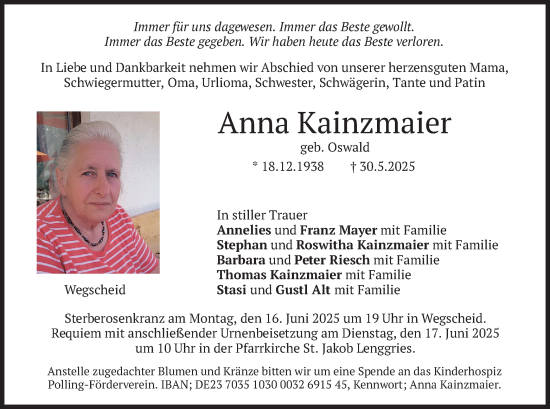 Traueranzeige von Anna Kainzmaier von merkurtz