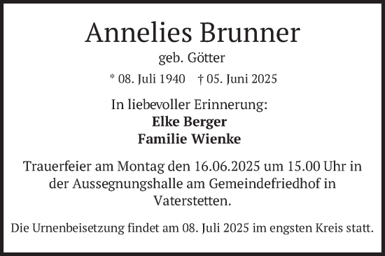 Traueranzeige von Annelies Brunner von merkurtz