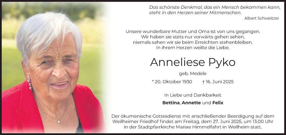  Traueranzeige für Anneliese Pyko vom 21.06.2025 aus merkurtz