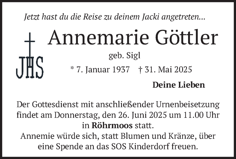  Traueranzeige für Annemarie Göttler vom 07.06.2025 aus merkurtz