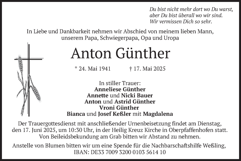  Traueranzeige für Anton Günther vom 14.06.2025 aus merkurtz