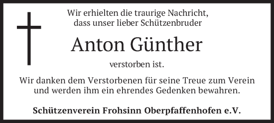 Traueranzeige von Anton Günther von merkurtz