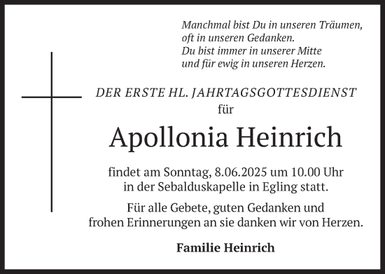Traueranzeige von Apollonia Heinrich von merkurtz