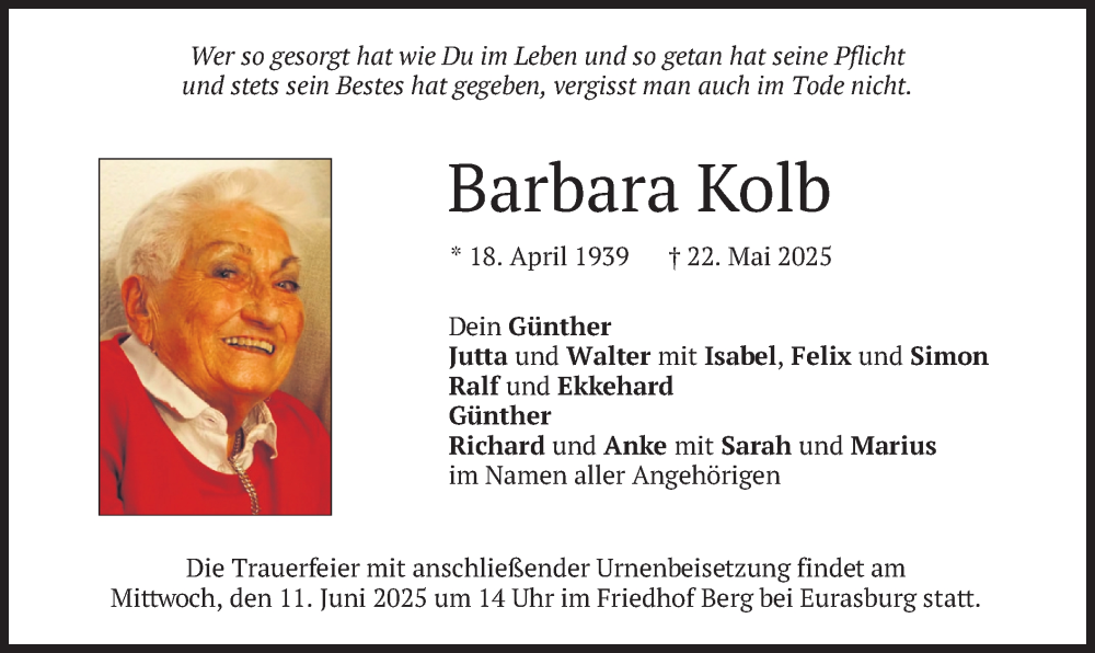  Traueranzeige für Barbara Kolb vom 07.06.2025 aus merkurtz