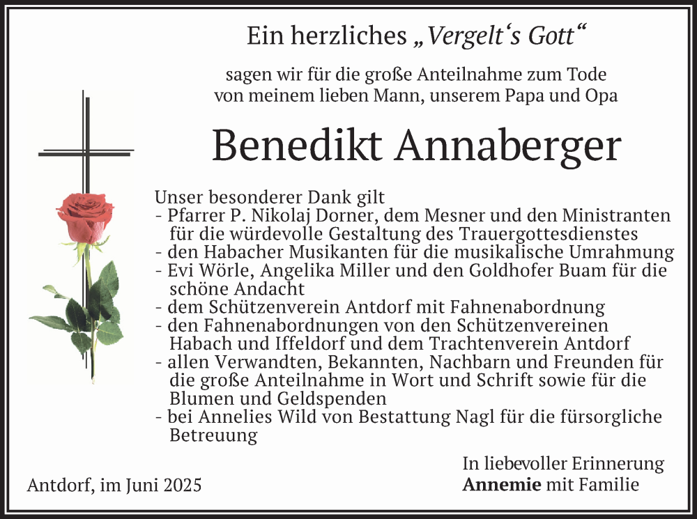  Traueranzeige für Benedikt Annaberger vom 06.06.2025 aus merkurtz