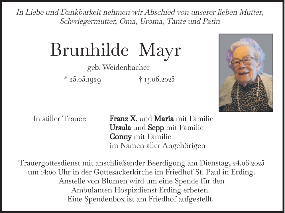  Traueranzeige für Brunhilde Mayr vom 21.06.2025 aus merkurtz