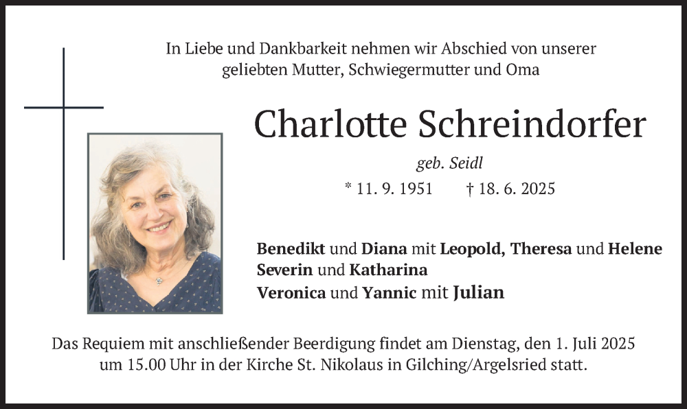  Traueranzeige für Charlotte Schreindorfer vom 25.06.2025 aus merkurtz
