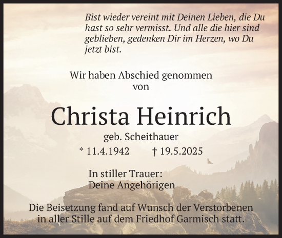 Traueranzeige von Christa Heinrich von merkurtz